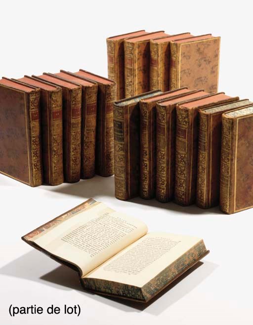 VOLTAIRE, François Marie Arouet de. Oeuvres complètes. Paris: Esneaux et Rosa, 1823. 63 tomes en 65 vol. (vol. 45 en trois parties). Quelques gravures. (Rousseurs.) Demi-basane rouge de l'époque, dos lisses ornés, (petits usures). --ROUSSEAU, Jean Jacques. [Oeuvres]. La Haye: Néaulme, 1762. Réunion de 29 vol. in-8. Veau de l'époque. Contient: -Oeuvres. Nouvelle édition. -Oeuvres posthumes. Neuchâtel: 1764-1767 et Genève: 1783. 12 vol. -Nouvelle Héloïse. Nouvelle édition. Neuchâtel: Duchesne, 1764. 4 vol. -Oeuvres posthumes. Genève: 1781-1782. 9 vol. -Emile, ou de l'éducation. La Haye: Neaulme, 1762. 4 vol. 5 gravures. Seconde édition in-8 de Paris. McEachern 4A. Lot vendu en l'état. 	 (94)