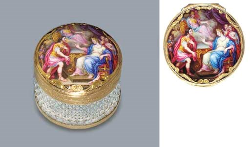 A LOUIS XV GOLD-MOUNTED ROCK-CRYSTAL BONBONNIERE SET WITH A FINE ENAMEL PLAQUE