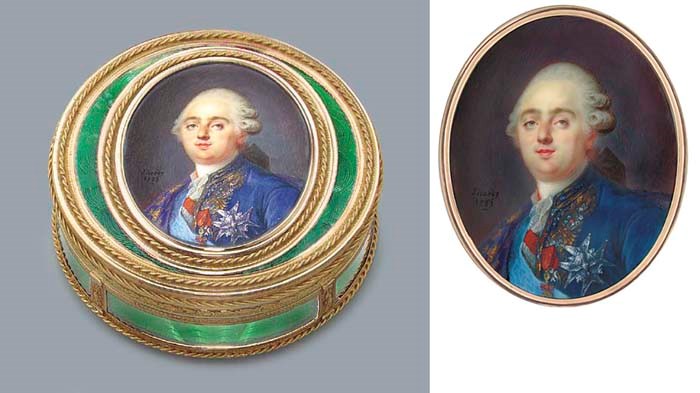 A FINE LOUIS XVI GOLD AND GLASS PRESENTATION SNUFF-BOX SET WITH A MINIATURE