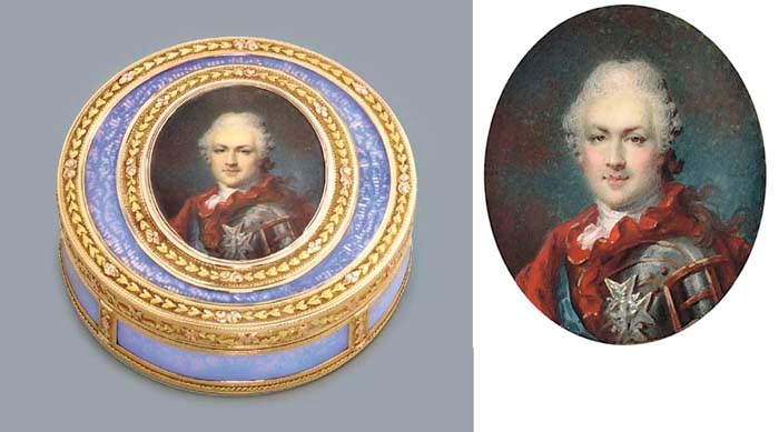 A FINE LOUIS XVI VARI-COLOUR GOLD AND GLASS PRESENTATION BONBONNIERE SET WITH A MINIATURE