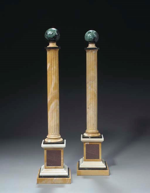 A PAIR OF ITALIAN MARMO GIALLO, PORPHYRY, VERDE ANTICO AND WHITE MARBLE COLUMNAR OBELISKS