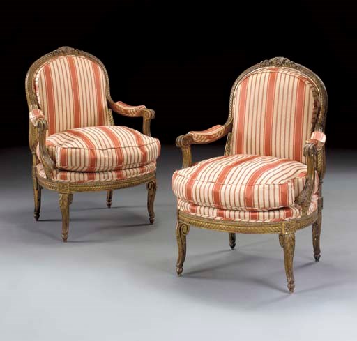 A PAIR OF LOUIS XVI STYLE GILTWOOD FAUTEUILS