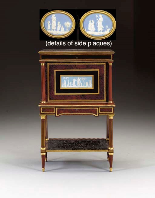 A LOUIS XVI ORMOLU-MOUNTED AND JASPERWARE-INSET BURR YEW, MAHOGANY, AMARANTH AND EBONY SECRETAIRE
