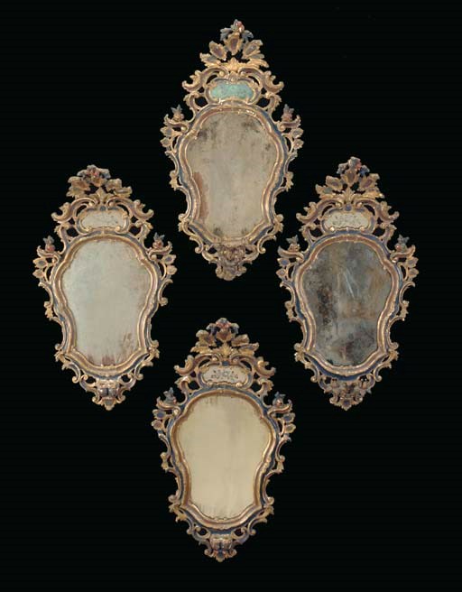 A SET OF FOUR ITALIAN POLYCHROME-DECORATED AND PARCEL-GILT GIRANDOLE MIRRORS
