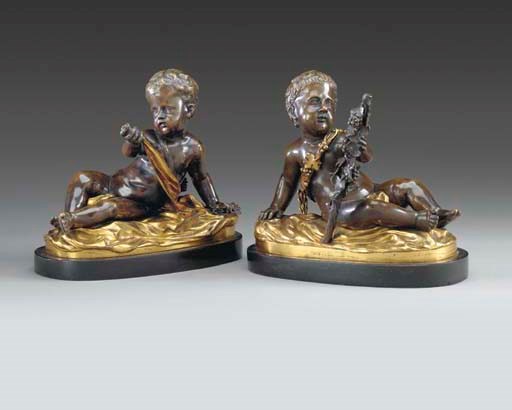 A PAIR OF FRENCH PATINATED-BRONZE AND ORMOLU FIGURES OF YOUNG BACCHUS AND CUPID ON SLATE BASES