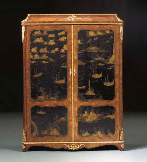 A FRENCH ORMOLU-MOUNTED AND LACQUER INSET KINGWOOD ARMOIRE