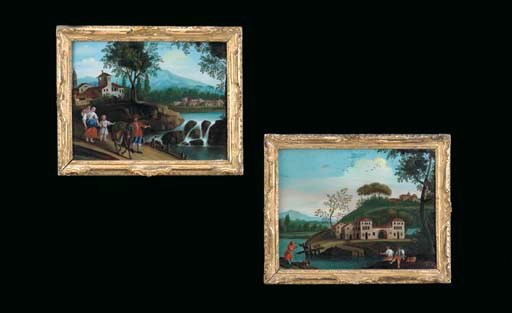 A PAIR OF ITALIAN REVERSE PAINTINGS ON GLASS
