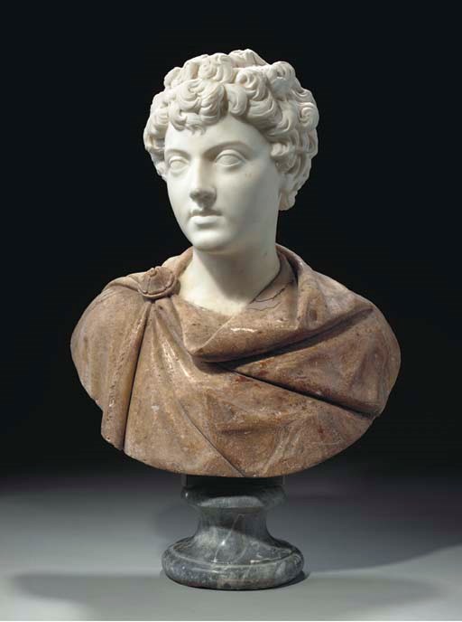 AN ITALIAN WHITE MARBLE AND ALABASTER BUST OF A BOY