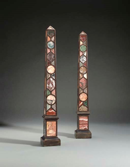 A PAIR OF ITALIAN SPECIMEN MARBLE-INSET EBONIZED AND LINE-INLAID OBELISKS