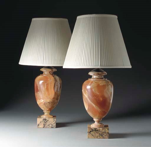 A PAIR OF ITALIAN ALABASTER VASES MOUNTED AS LAMPS