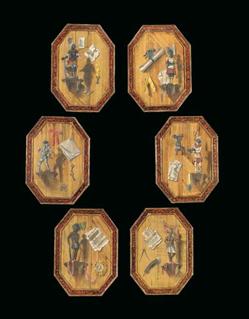 A SET OF SIX OCTAGONAL TROMPE L'OEIL PAINTINGS IN POLYCHROME AND PARCEL-GILT FRAMES