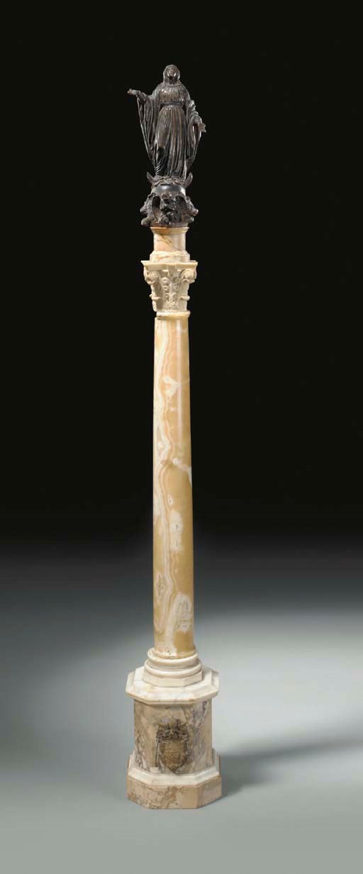 AN ITALIAN BRONZED TERRACOTTA FIGURE OF THE VIRGIN ON AN ALABASTER EGIZIANO COLUMN AND BRONZE-MOUNTED BRECCIA MARBLE PEDESTAL