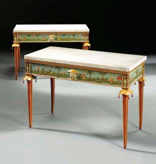 A PAIR OF ITALIAN POLYCHROME-DECORATED SIDE TABLES