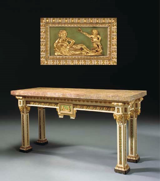 AN ITALIAN WHITE AND GREEN-PAINTED AND PARCEL-GILT SIDE TABLE