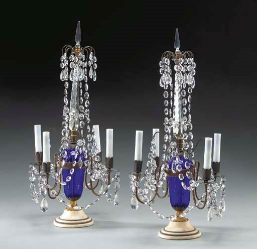 A PAIR OF BALTIC ORMOLU, CUT-COLORLESS AND COBALT GLASS AND WHITE MARBLE FOUR-LIGHT CANDELABRA