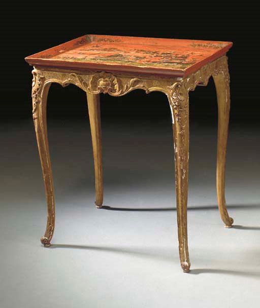 A FRENCH GILTWOOD AND RED LACQUER TRAY TABLE