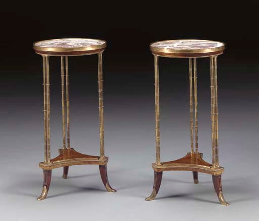 A PAIR OF LOUIS XVI STYLE ORMOLU-MOUNTED BURR ELM, MAHOGANY AND VARIEGATED PURPLE MARBLE GUERIDONS