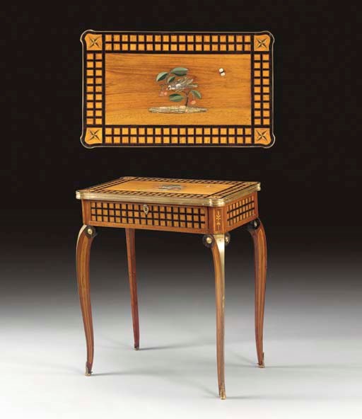 A NORTH EUROPEAN HARDSTONE-INLAID ORMOLU AND BRASS-MOUNTED MAHOGANY, TULIPWOOD, EBONY, PARQUETRY AND MARQUETRY SIDE TABLE