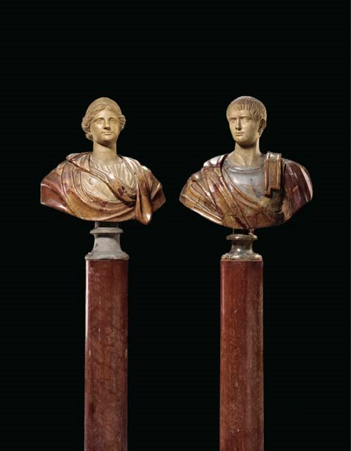 A MATCHED PAIR OF ROMAN WHITE, ALABASTER, GREY AND RED MARBLE BUSTS OF A MAN AND A WOMAN