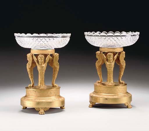 A PAIR OF FRENCH ORMOLU AND CUT-GLASS TAZZE