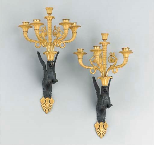 A PAIR OF EMPIRE ORMOLU AND PATINATED BRONZE FIVE-BRANCH WALL-LIGHTS