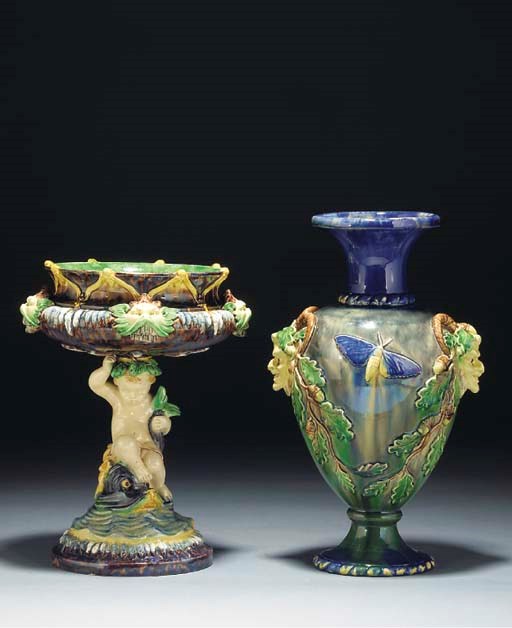 A French Palissy-ware footed bowl and a two-handled oviform vase