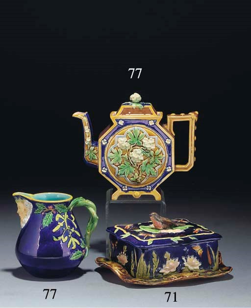 An English majolica teapot and cover and a George Jones jug