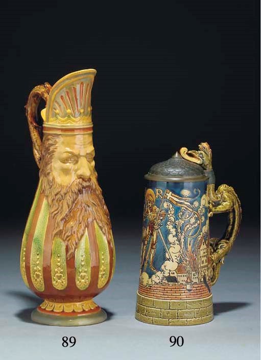 A Mettlach glazed stoneware pewter-mounted litre tankard and cover
