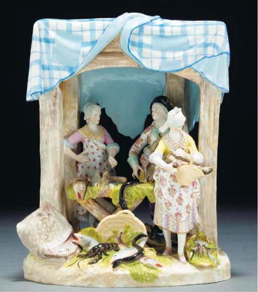 A Paris porcelain group of a fishmonger and attendants