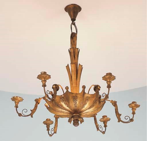 AN AUSTRIAN METAL-MOUNTED GILTWOOD SIX-LIGHT CHANDELIER