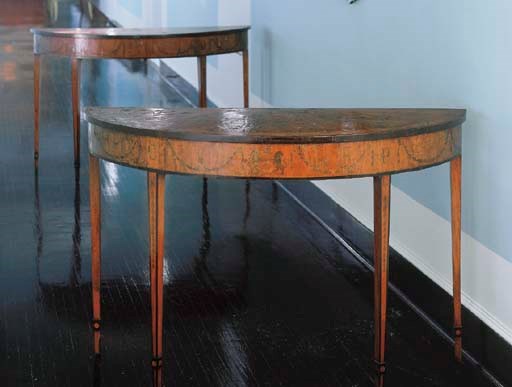 A PAIR OF IRISH VICTORIAN SATINWOOD AND MARQUETRY DEMILUNE SIDE TABLES