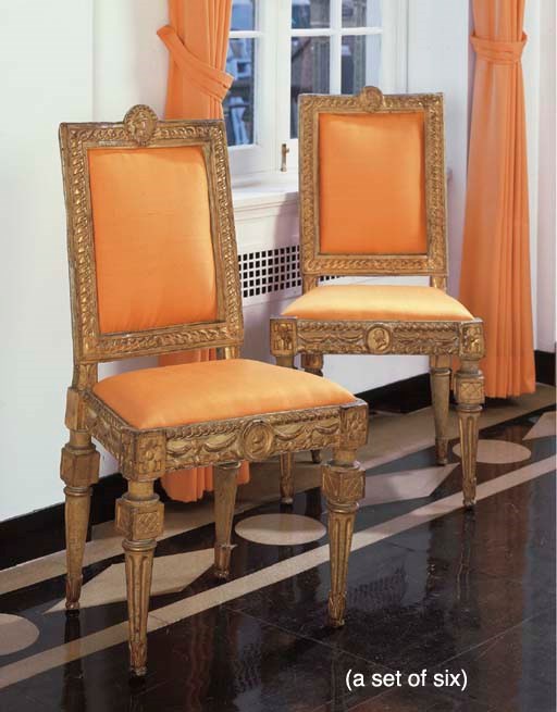 A SET OF SIX ITALIAN WHITE-PAINTED AND PARCEL-GILT SIDE CHAIRS