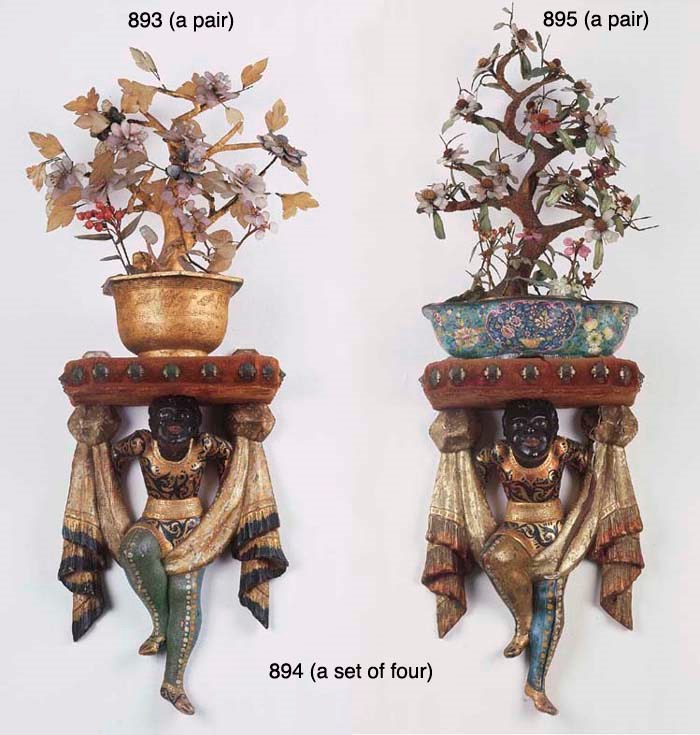 A PAIR OF JADE, HARDSTONE AND CORAL TREES IN PAINTED-ENAMEL JARDINIERES