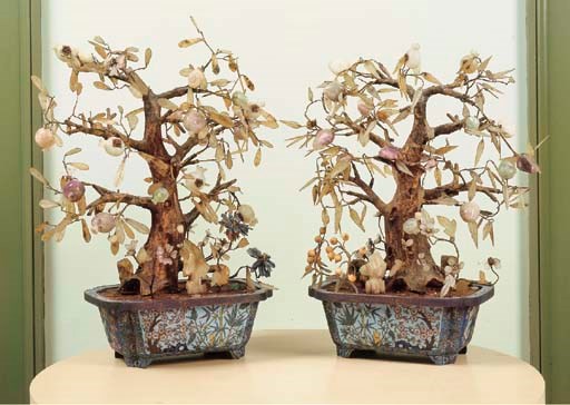 A PAIR OF CHINESE JADE AND HARDSTONE TREES IN CLOISONNE ENAMEL JARDINIERES