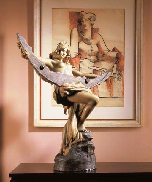 A GOLDSCHIEDER BRONZED TERRACOTTA FIGURE OF A SEMI-CLAD NYMPH