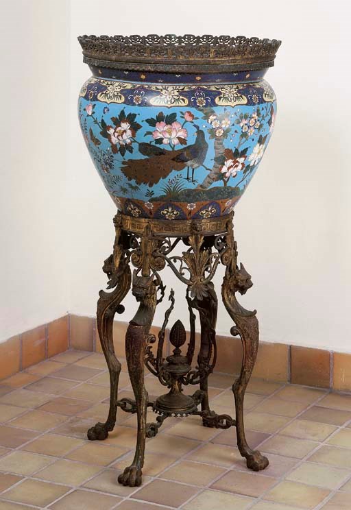 A MASSIVE GILT-METAL MOUNTED JAPANESE CLOISONNE URN