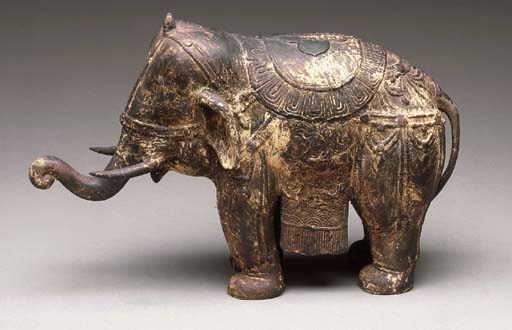 A Thai Patinated Bronze Figure of a Caparisoned Elephant