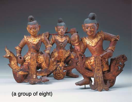 Eight Thai Polychromed and Gilt-Wood Sculptures