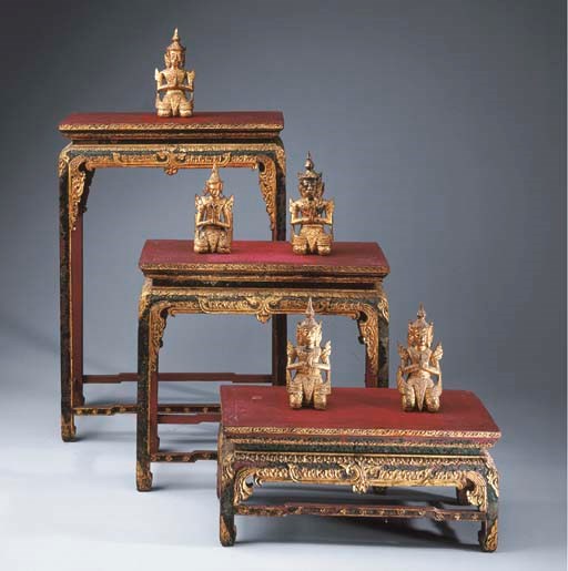 Five Thai Lacquered and Gilt-Wood Adorant Figures