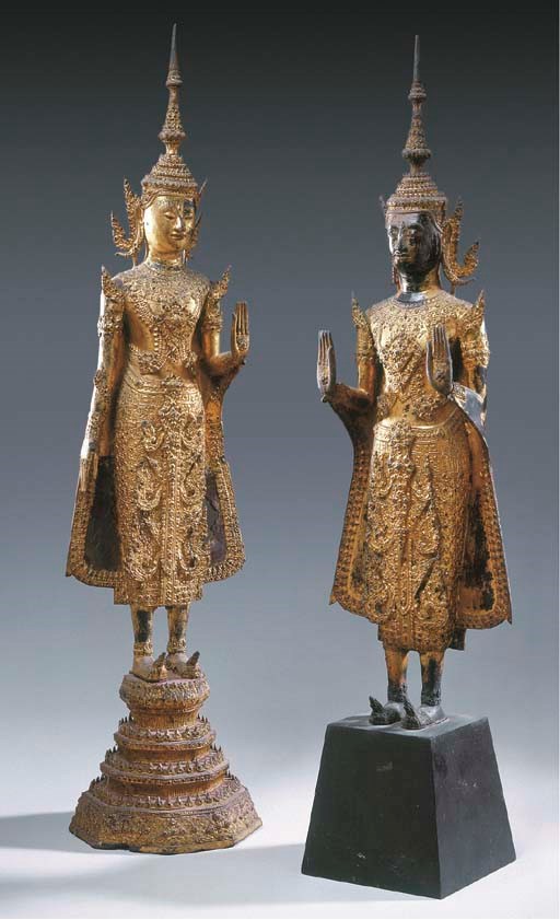 A Pair of Thai Gilt and-Lacquered Bronze Buddhas