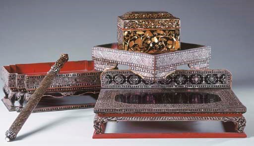 A Group of Thai Mother-of-Pearl Inlaid Wood Objects