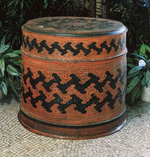 A Burmese Red and Black-Lacquer Massive Cylindrical Clothes Box and Cover