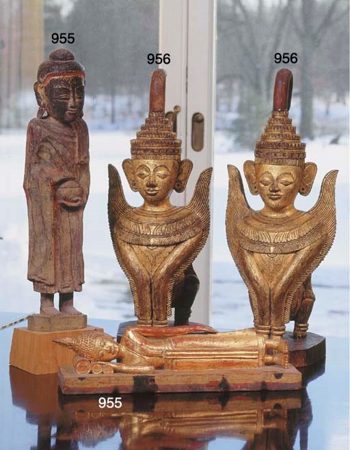 A Burmese Wood Standing Buddha and A Thai Gilt and Red-Lacquered Recumbent Buddha