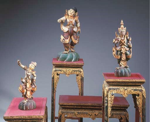 Three Thai Polychromed and Gilt-Wood Temple Figures