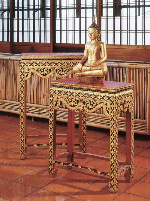 A Thai Gilt and Lacquered Wood Figure of Buddha Together with Two Gilt and Lacquered Wood Tables