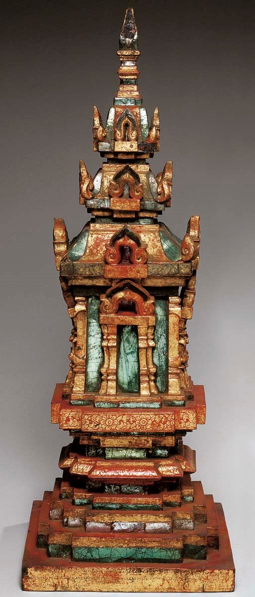 A Thai Gilt and Red-Lacquered Wood Chedi and A Painted and Gilt Wood Thai Votive Stele