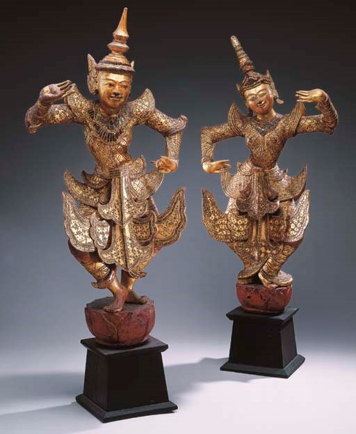 A Pair of Burmese Gilt-Wood Dancers