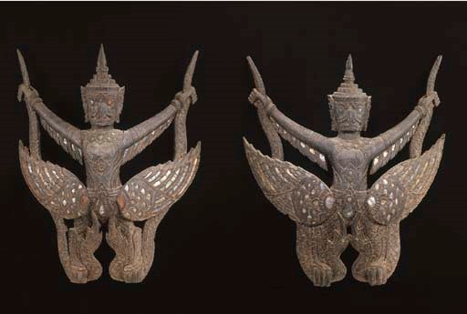 A Pair of Thai Wood and Glass-Inlaid Garudas