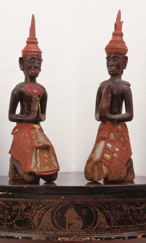 A Pair of Burmese Polychromed Wood Figures of Adorants