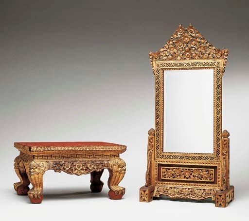 A Thai Lacquered and Gilt-Wood Mirror on Stand Together with A Lacquered and Gilt-Wood Low Table